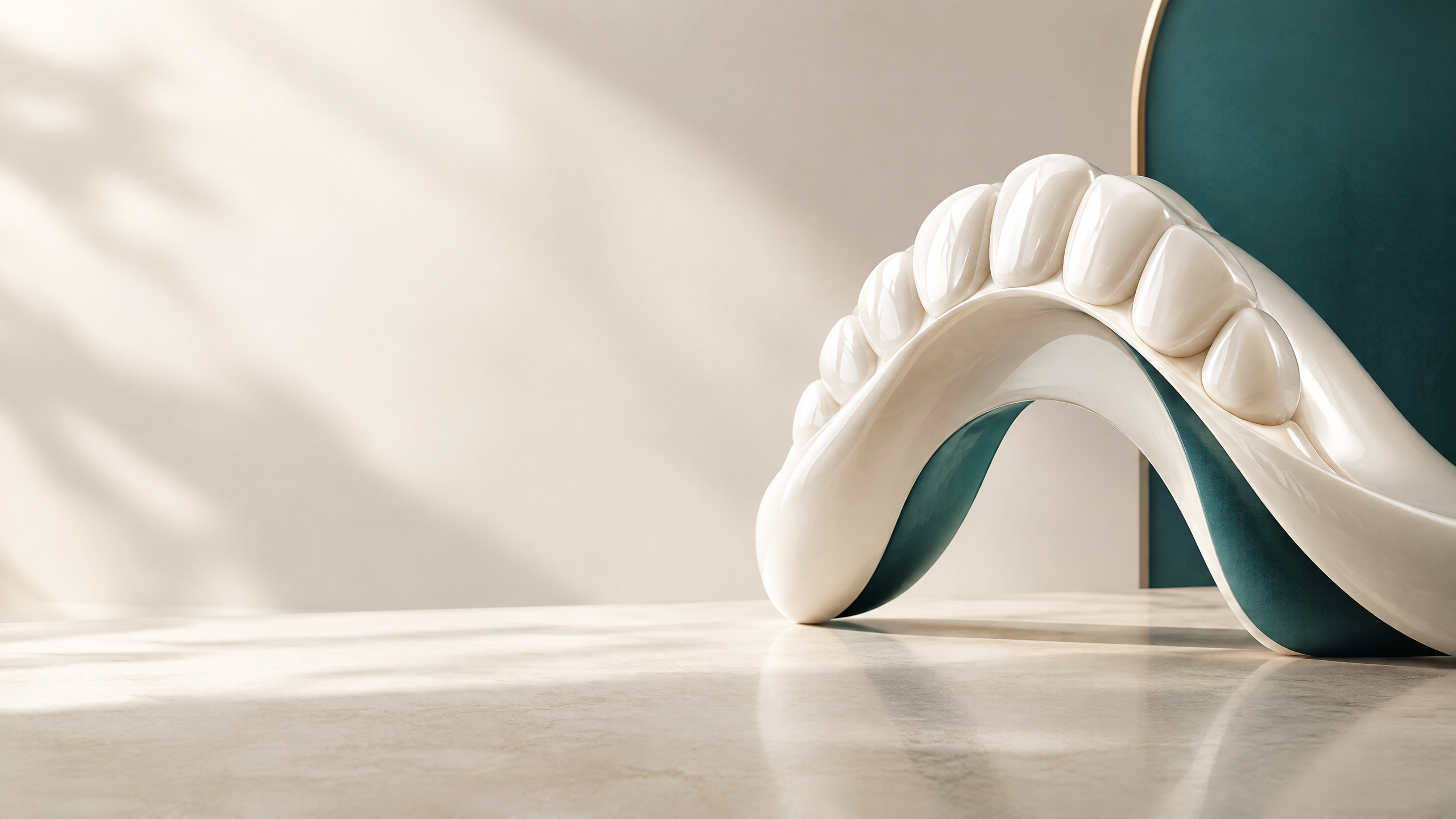 Sculptural porcelain dental arch in warm natural light